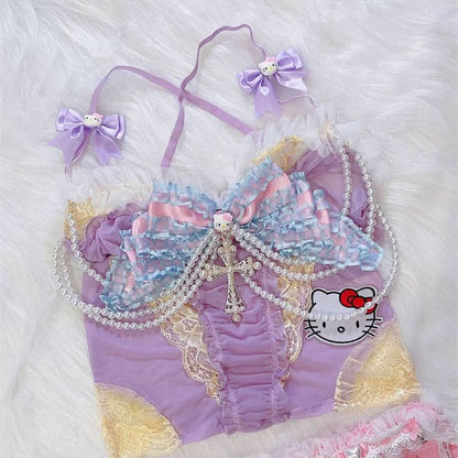 Bowknot beaded "Hello Kitty" pattern mesh cami top