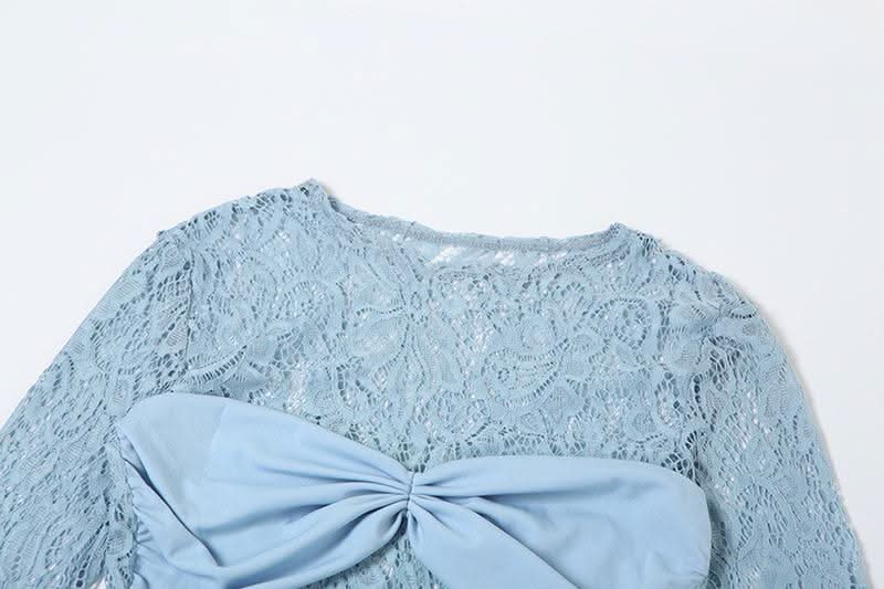 Long sleeve lace patchwork ruched mini dress