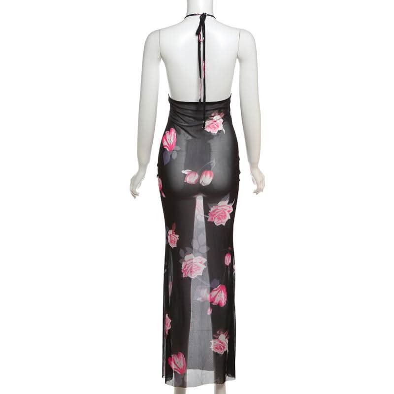 Halter v neck flower print see through maxi dress