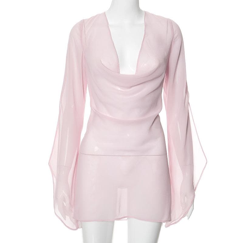 Cowl neck long sleeve backless chiffon mini dress