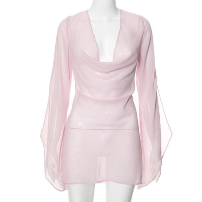 Cowl neck long sleeve backless chiffon mini dress