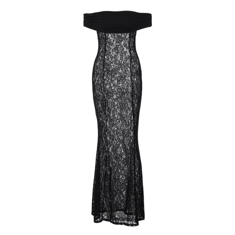 Off Shoulder Floral Lace Sheer Bodycon Floor Length Maxi Dress
