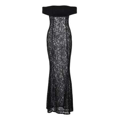 Off Shoulder Floral Lace Sheer Bodycon Floor Length Maxi Dress