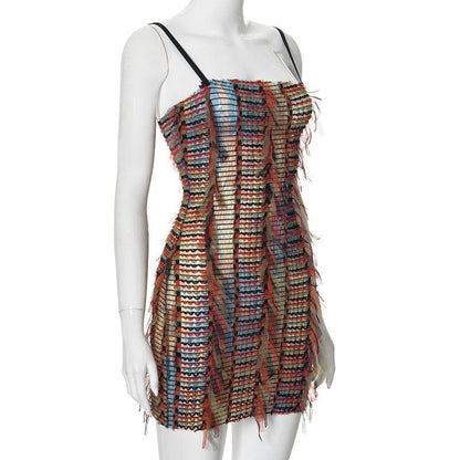 Mesh ruffle stitch contrast textured cami mini dress