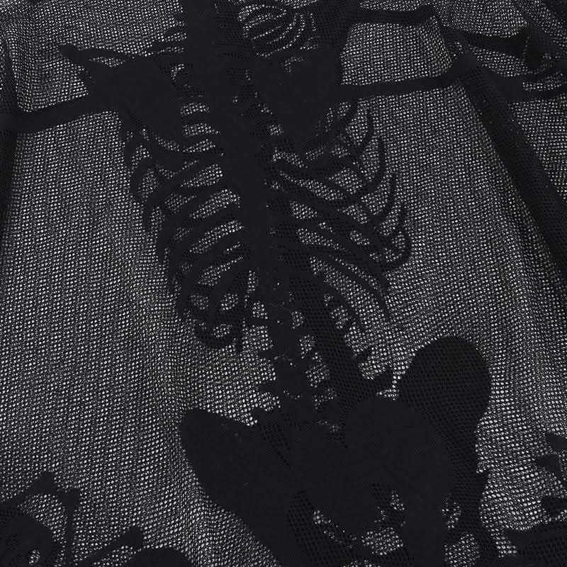Human skeleton ruffle net shrug top