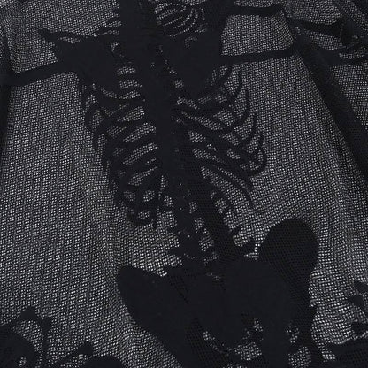 Human skeleton ruffle net shrug top