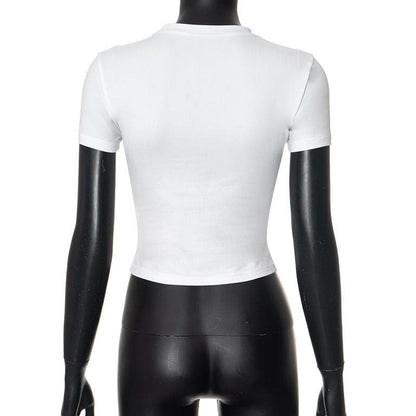 Short sleeve crewneck letter pattern contrast crop top