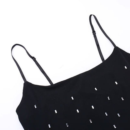 Mesh u neck beaded backless cami maxi dress