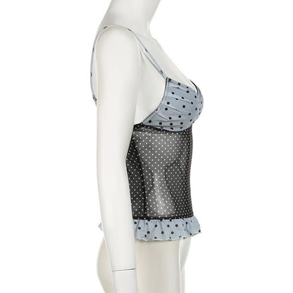 Ruffle polka dot mesh low cut contrast cami top