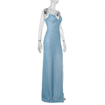 V neck high slit padded backless cami maxi dress