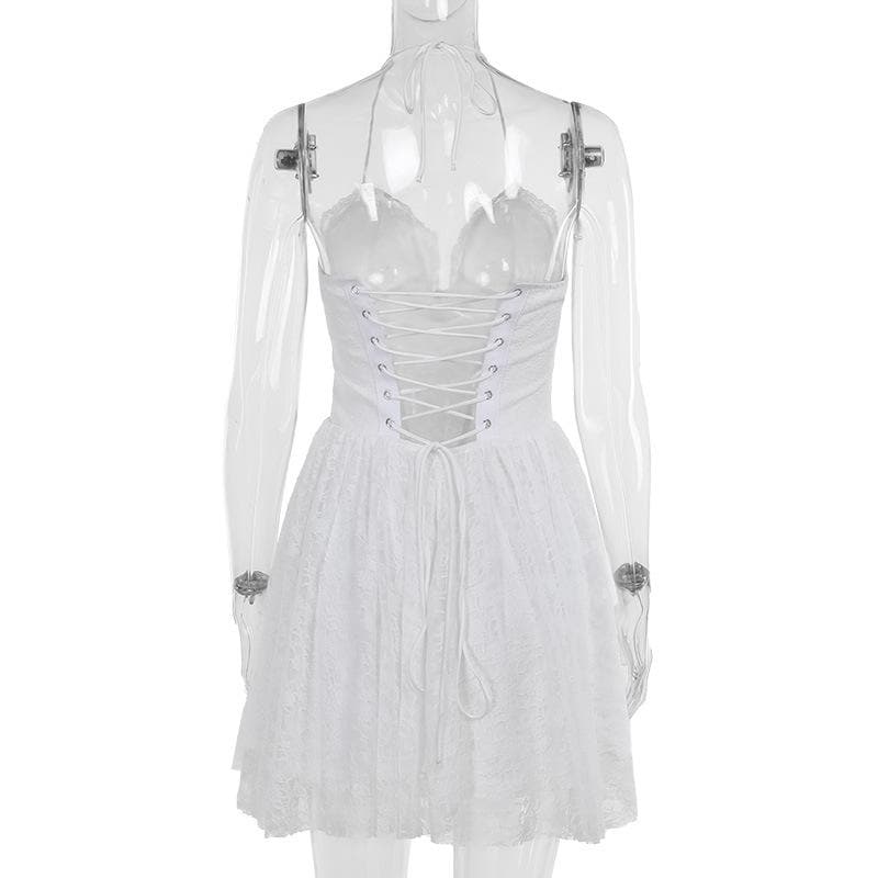 Halter lace up stitch lace backless mini dress