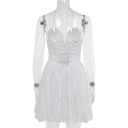 Halter lace up stitch lace backless mini dress