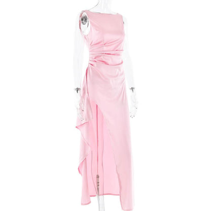 Ruched high slit satin round neck backless maxi dress
