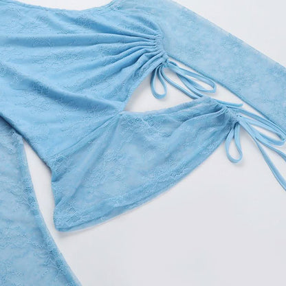 One shoulder drawstring self tie lace top