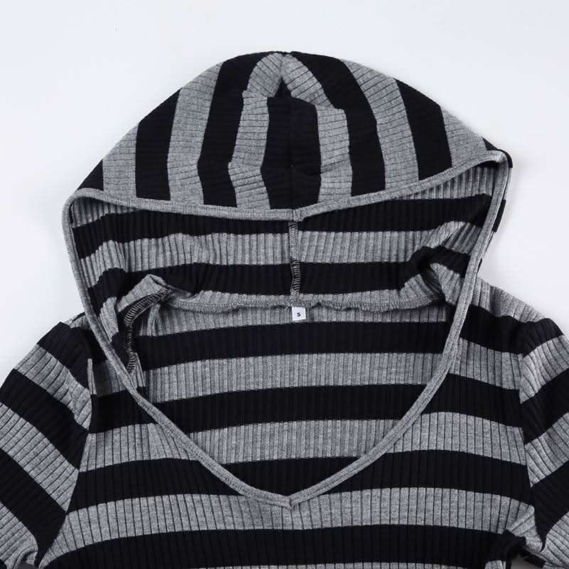 Hoodie v neck long sleeve striped knitted top