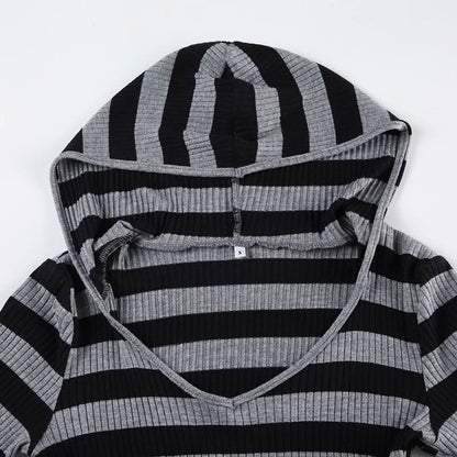 Hoodie v neck long sleeve striped knitted top