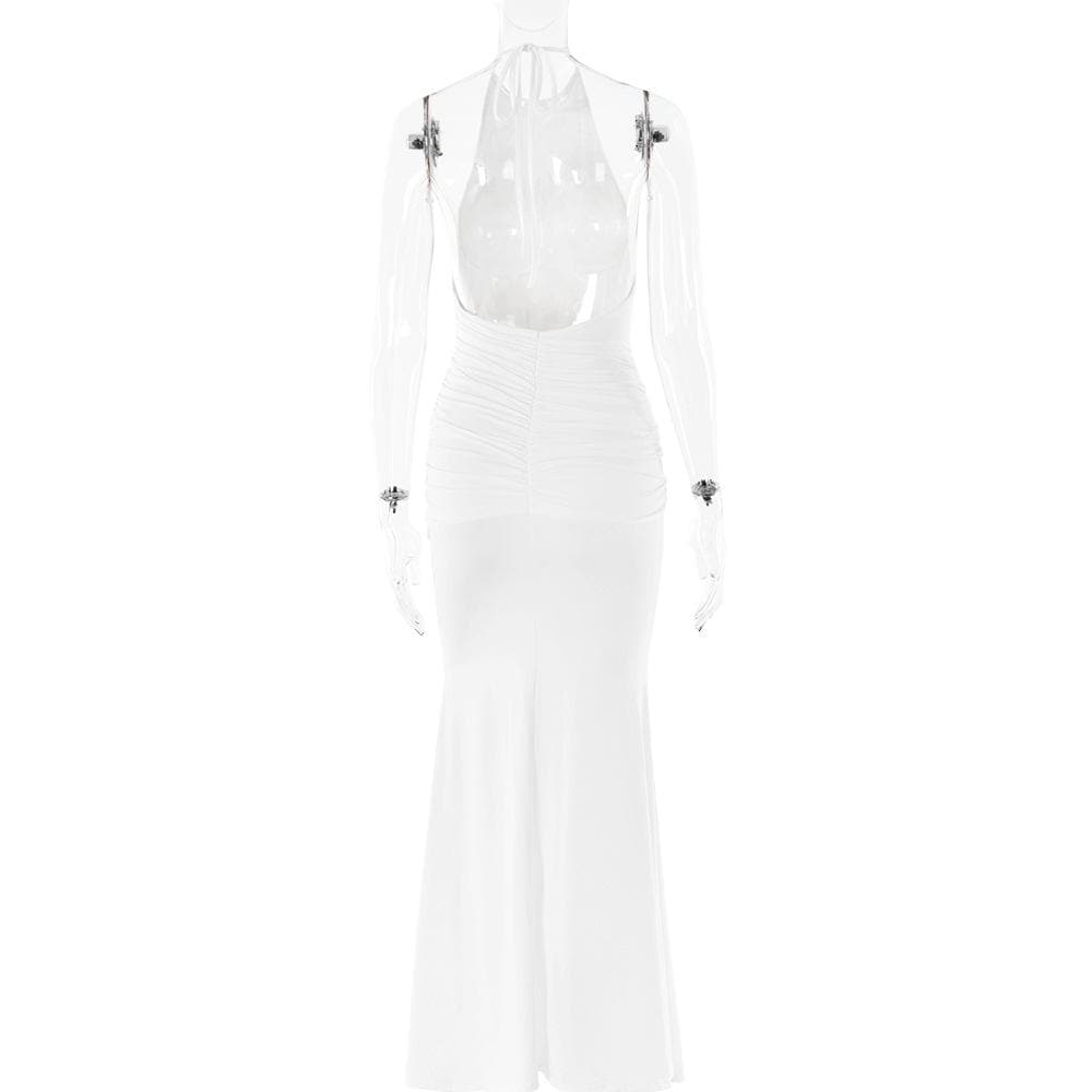 Halter backless knotted ruched maxi dress