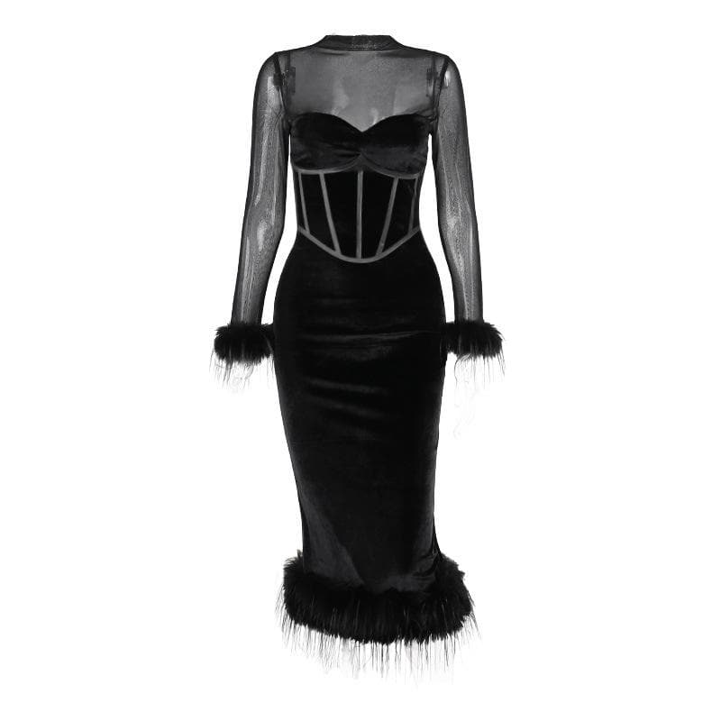 Mesh High Neck Velvet Corset Feather Trim Midi Dress