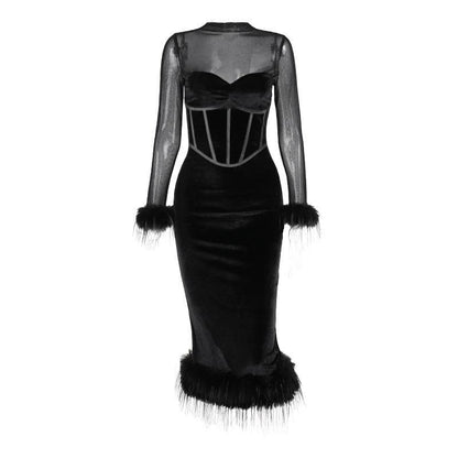 Mesh High Neck Velvet Corset Feather Trim Midi Dress
