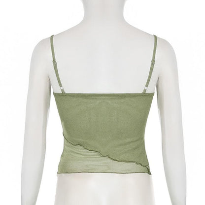 Lace hem ruffle irregular mesh bowknot cami top