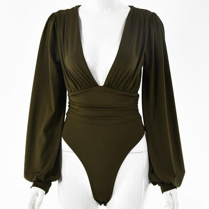 Halibuy Double layered deep v neck ruched solid bodysuit - Final Sale
