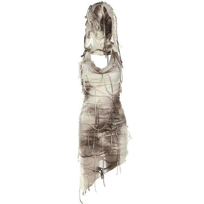 Cowl neck hoodie tie dye irregular mini dress