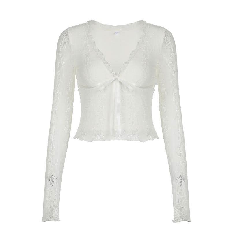V neck long sleeve lace bowknot top