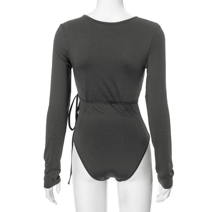 Hollow out long sleeve irregular self tie button bodysuit