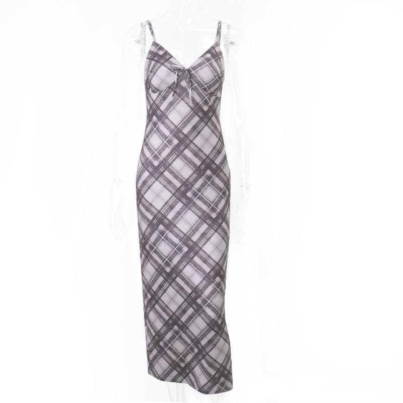 Spaghetti Strap V Neck Tie Front Plaid Print Bodycon Maxi Dress