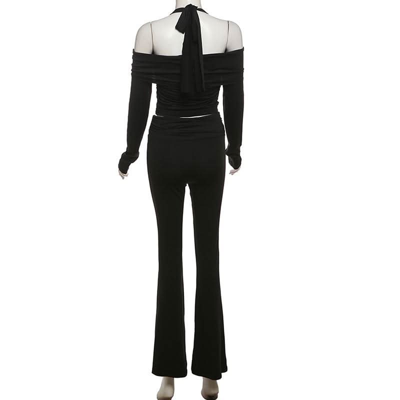 Halter long sleeve off shoulder button ruched pant set