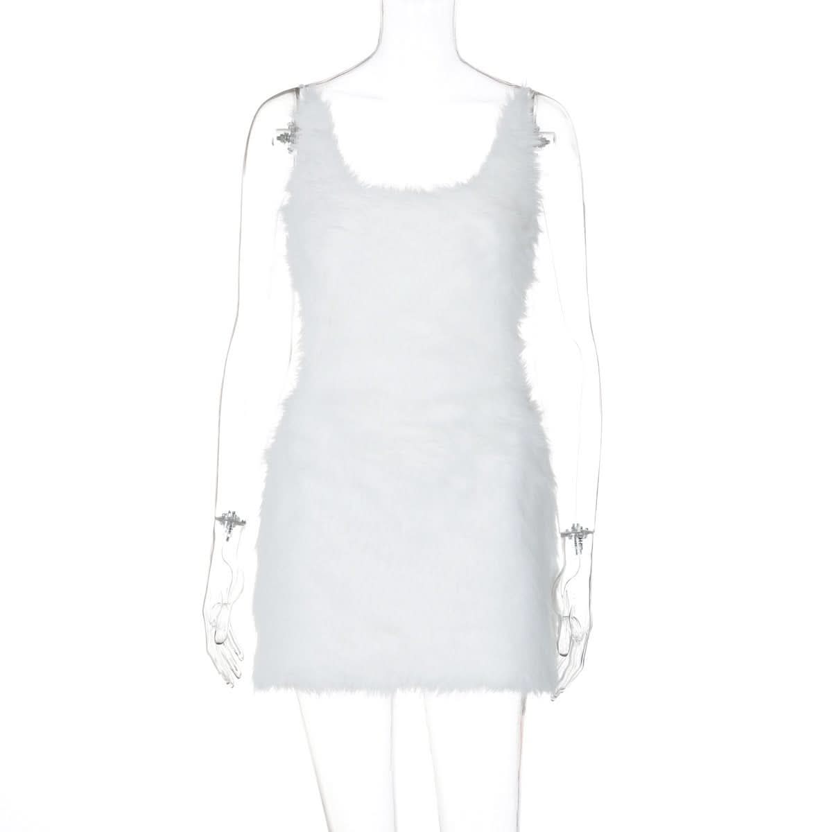 U neck fluffy zip-up backless cami mini dress