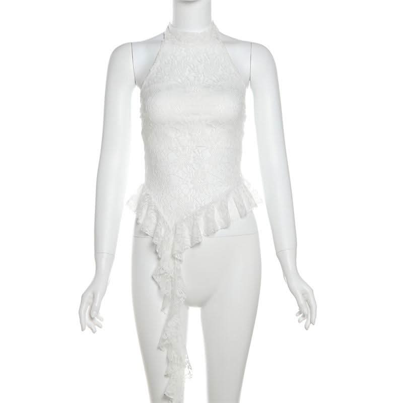 Halter mesh ruffle backless top