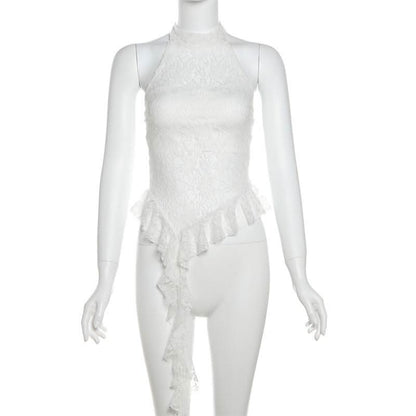 Halter mesh ruffle backless top