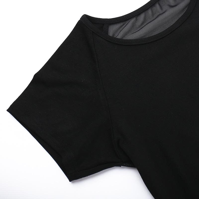 Short sleeve round neck print mesh top