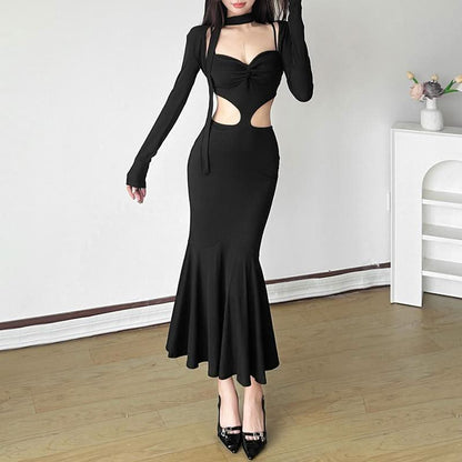 Long sleeve sweetheart neck shrug 2 piece hollow out cut out maxi dress