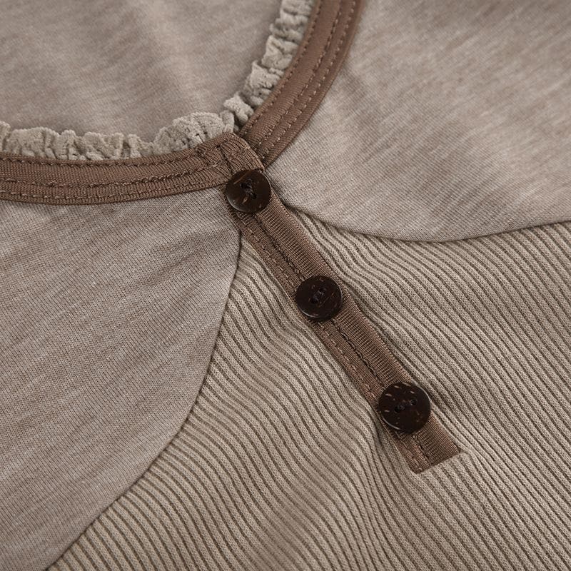 Short puff sleeve button stitch ruffle ribbed top
