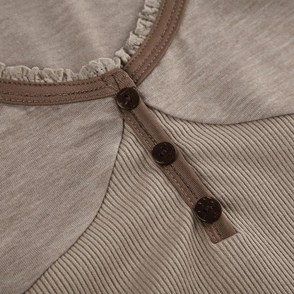 Short puff sleeve button stitch ruffle ribbed top