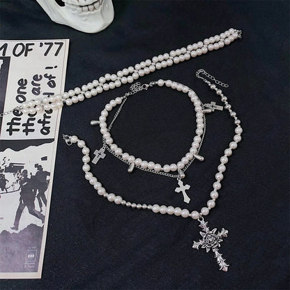 Beaded cross decor metal chain 3pcs necklace