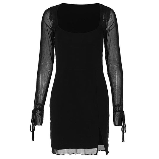 Long sleeve slit mesh square neck mini dress