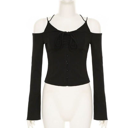 Off shoulder long sleeve self cross back button top