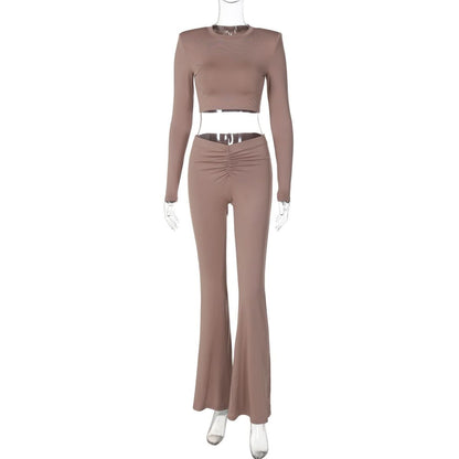 Long sleeve crewneck padded ruched pant set