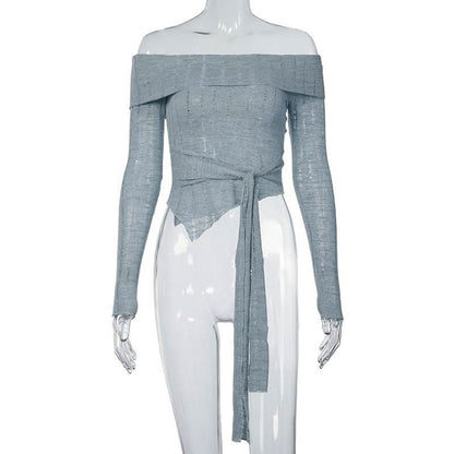 Long sleeve odd shoulder knotted knitted top