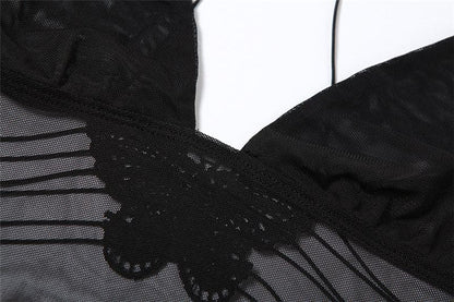 Sheer mesh butterfly applique see through backless solid top