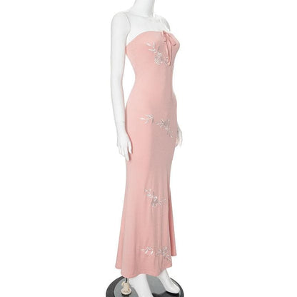 Rose embroidery self tie tube maxi dress
