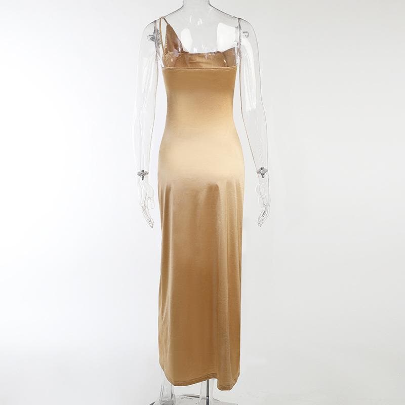 One Shoulder Spaghetti Strap Ruched Side Slit Satin Midi Dress