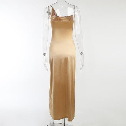 One Shoulder Spaghetti Strap Ruched Side Slit Satin Midi Dress