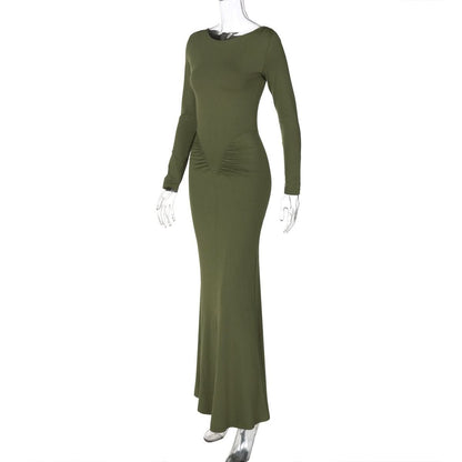 Long sleeve crewneck ruched solid maxi dress