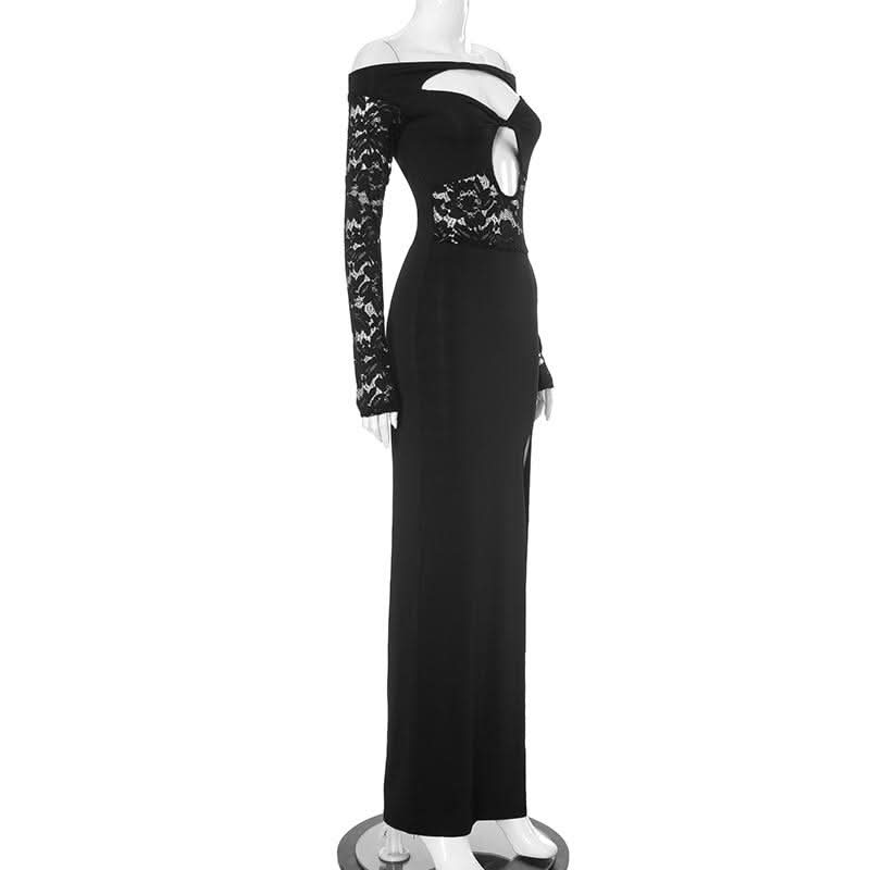 Long sleeve hollow out slit off shoulder lace cut out maxi dress