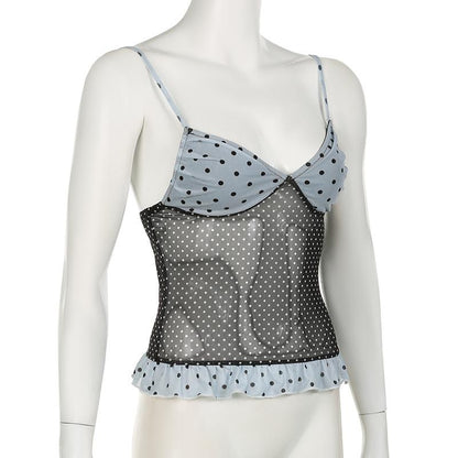 Ruffle polka dot mesh low cut contrast cami top