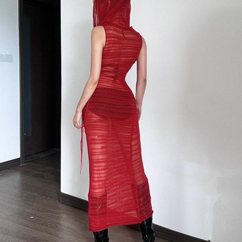 Crochet solid hoodie sleeveless see through maxi dress-final-sale